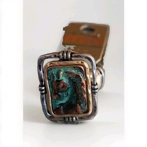 Mia Boho Sterling Silver Copper Ring Rectangular Turquoise Patina Band OS